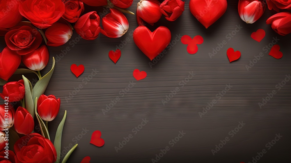 Valentines Day background with hearts and red tulips Valentines Day background with hearts and red tulips