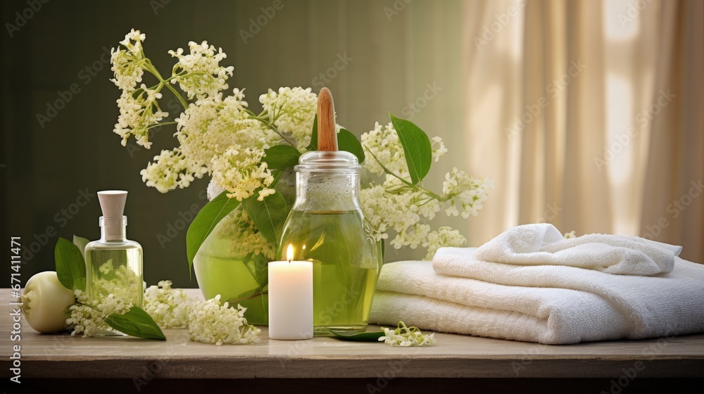 Spa products with linden flowers on a table Spa products with linden flowers on a table