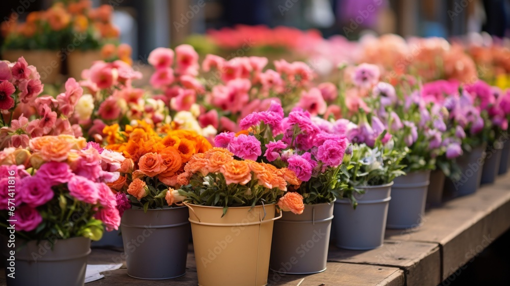 A vibrant flower market scene, with buckets filled with fresh flowers, ready to be sold.