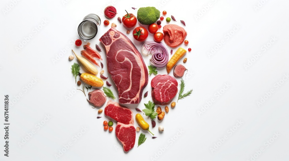 Ketogenic low carbs diet - food selection on white background. Balanced healthy organic ingredients of high content of fats for the heart and blood vessels. Meat, fish and vegetables. Copyspace.