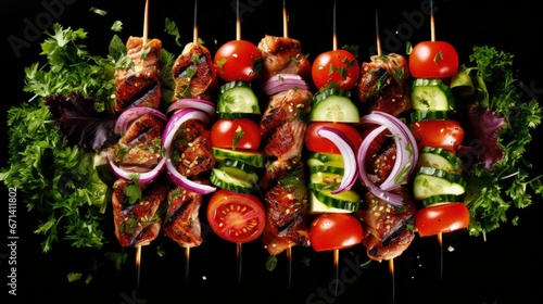 Grilled meat skewers, shish kebab and healthy vegetable salad of fresh tomato, cucumber, onion, spinach, lettuce and sesame on black background, top view © HN Works