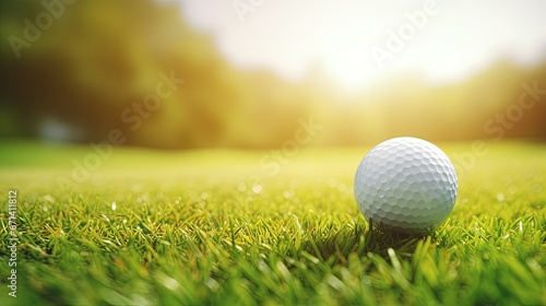 Green grass with golf ball close-up in soft focus at sunlight. Sport playground for golf club concept - wide landscape as background for your lettering about golf playing.