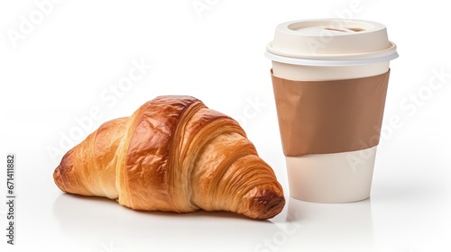 Paper coffee cup with croissant isolated on white background. Studio light. Food and drink photo. Good morning concept.