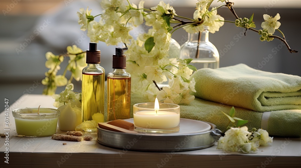 Spa products with linden flowers on a table Spa products with linden flowers on a table