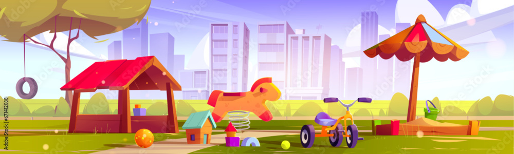 Sunny playground for kids in city park. Vector cartoon illustration of green public garden with rocking horse, wooden hut, sandbox under parasol, toys on ground, tricycle, modern cityscape on horizon