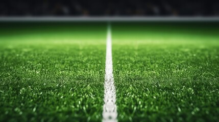 Artificial green grass with white stripe of soccer field. White line on green grass a field of play. Fake Grass used on sports fields for soccer and football. Closed-up of artificial grass background