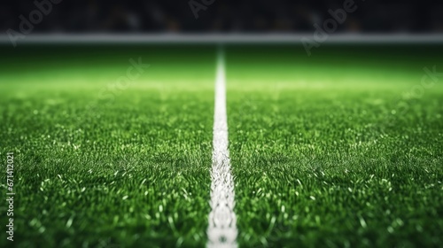 Artificial green grass with white stripe of soccer field. White line on green grass a field of play. Fake Grass used on sports fields for soccer and football. Closed-up of artificial grass background © HN Works