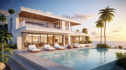 Luxury beach house with sea view swimming pool and terrace in modern design. 3d illustration of contemporary holiday villa exterior. © HN Works