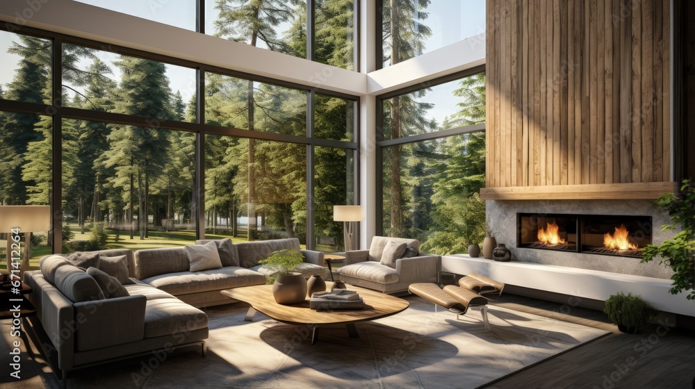Fototapeta premium Beautiful and bright living room in new contemporary style luxury home. Features large fireplace and surround, and wall of windows showcasing exterior view of trees and blue sky.