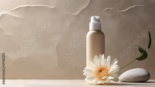 Aesthetic minimalist beauty care therapy concept. Spray bottle, cream, marble stone with flower against neutral beige background. Organic body skin treatment product composition © HN Works
