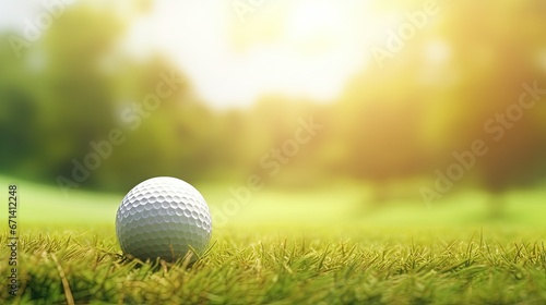 Green grass with golf ball close-up in soft focus at sunlight. Sport playground for golf club concept - wide landscape as background for your lettering about golf playing.