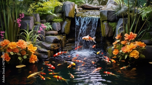 Small decorative pond with artificial waterfall and gold fishes