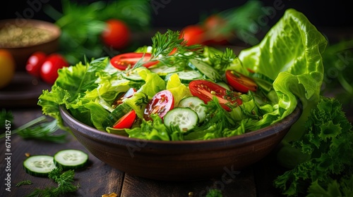 Fresh salad greens of lettuce with spices and fresh vegetables.Vegetarian and healthily cooking concept.Copy space.selective focus photo