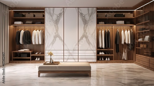 3d rendering, 3d illustration - Modern Wardrobe Design. Suitable for interior walk in closet or Fitting Room Design. Using wooden material and marble flooring.