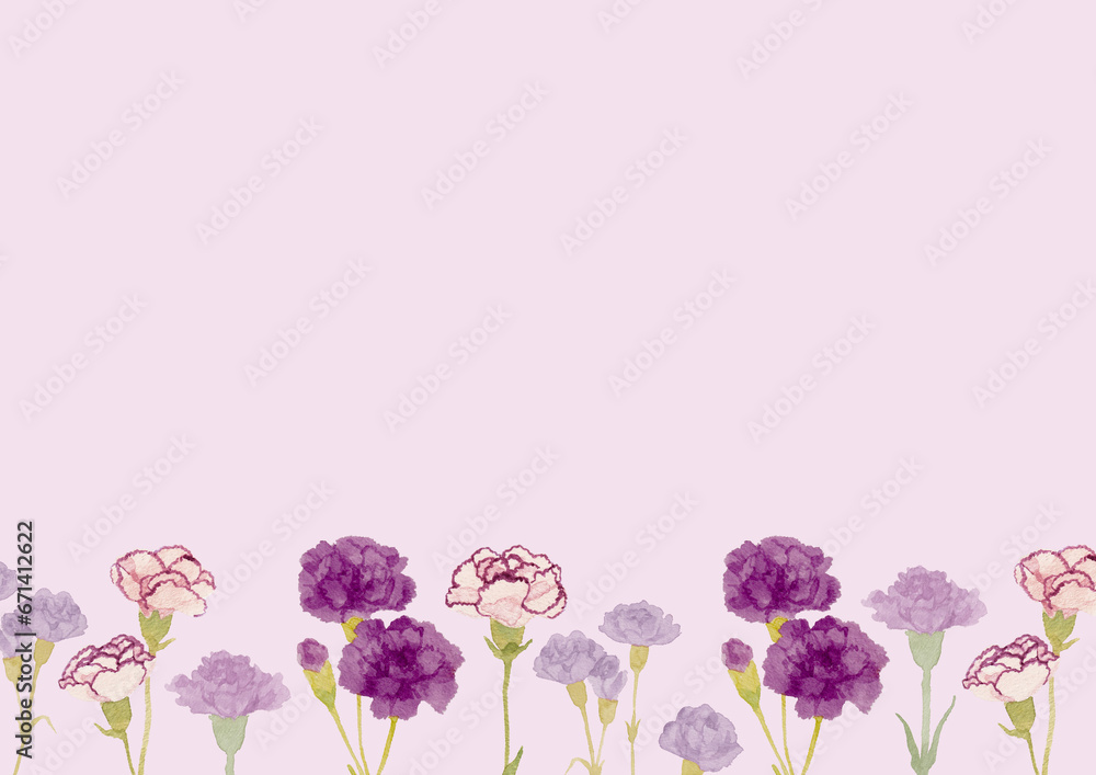 水彩で描いた可愛いカーネーションフレーム　紫背景