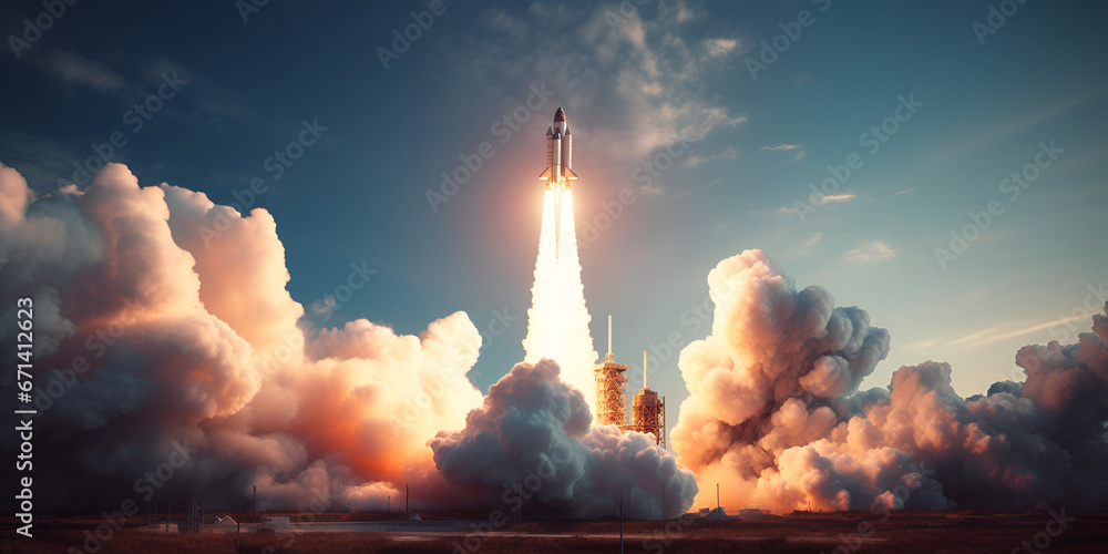 Rocket spaceship shuttle spacecraft launch, Rocket Taking Off , Rocket successfully launched into space. Spaceship takes off into the starry sky. generative Ai