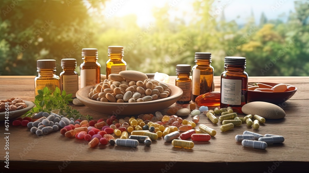 Alternative medicine and healthy lifestyle to improve standard of living and to prevent illnesses. Organic food supplements, minerals and vitamins from above on wooden desk on light background.