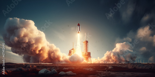 A satellite launching into orbit or a rocket preparing for a mission to space, Launching a spacecraft or rocket from Earth The moment of launch A spectacular, generative Ai