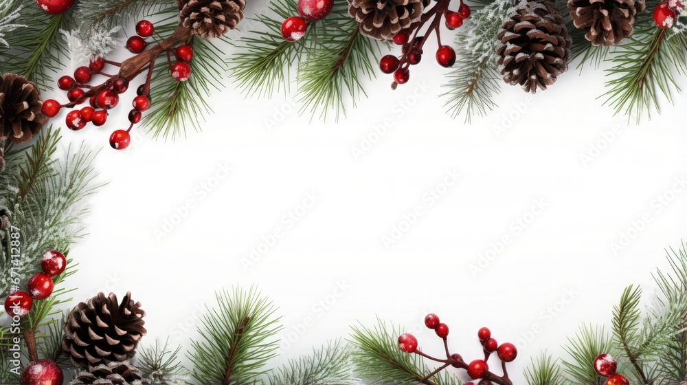 Christmas Border frame of tree branches red berries and pine cones on white background with copy space isolated Christmas Border frame of tree branches red berries and pine cones on white background with copy space isolated