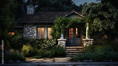 Small Single Story, Stone Front House with Shrubs