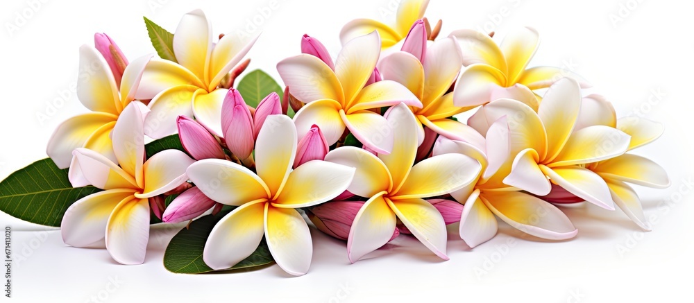 Obraz premium Pink and yellow flowers from the Frangipani also known as Pagoda or Temple trees
