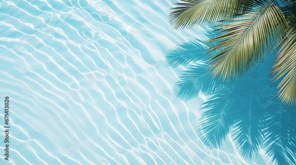 Aqua waves and coconut palm shadow on blue background. Water pool texture top view.Tropical summer mockup design. Luxury travel holiday. 3d render