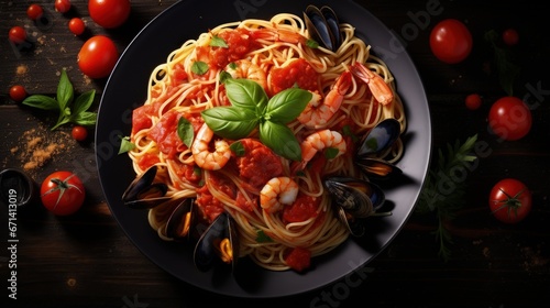 Italian spaghetti pasta marinara with Clams, Prawns, Mussels, tomato, Seafood Cocktail in plate on black wooden table background