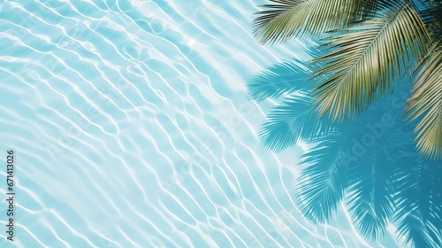 Aqua waves and coconut palm shadow on blue background. Water pool texture top view.Tropical summer mockup design. Luxury travel holiday. 3d render
