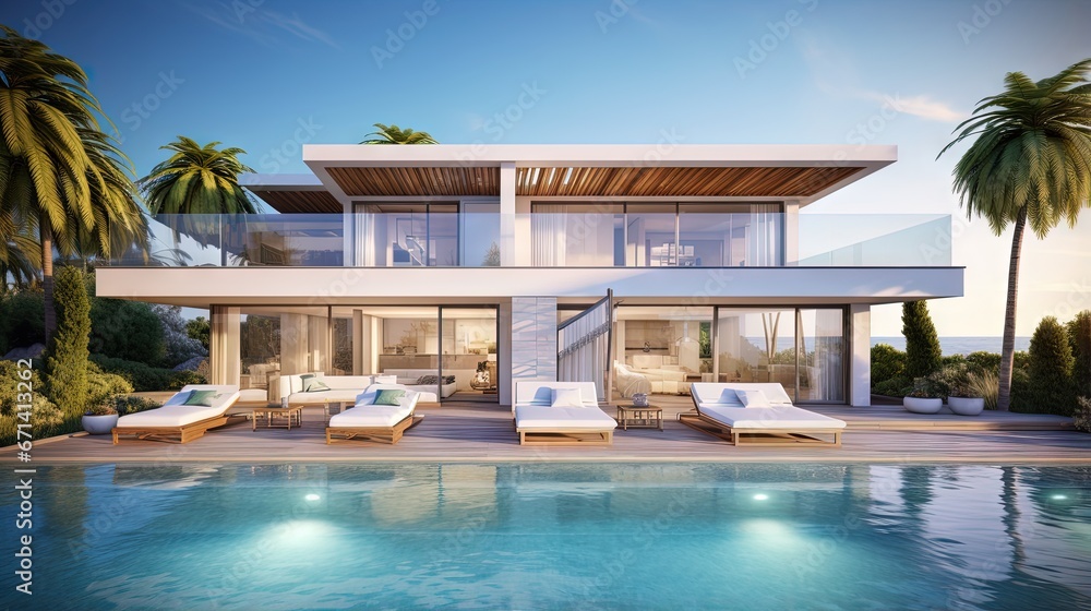 Fototapeta premium Luxury beach house with sea view swimming pool and terrace in modern design. 3d illustration of contemporary holiday villa exterior.