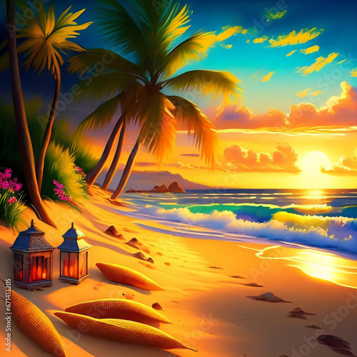Paysage paradisiaque, palmiers plage, coucher de soleil.