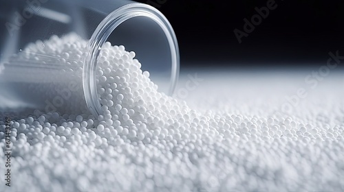 Secondary granule made of polypropylene, white Plastic pellets crumbles to the table. Plastic raw materials in granules for industry. Polymer resin. Raw plastic recycling concept photo