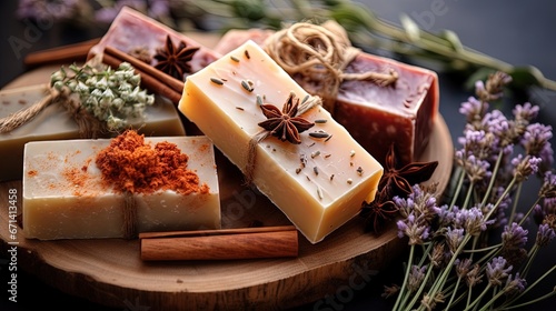 Natural handmade soap bars with organic medicinal plants, cinnamon spice and flowers.Homemade beauty products with natural essential oils from plants and flowers, top view closeup photo photo