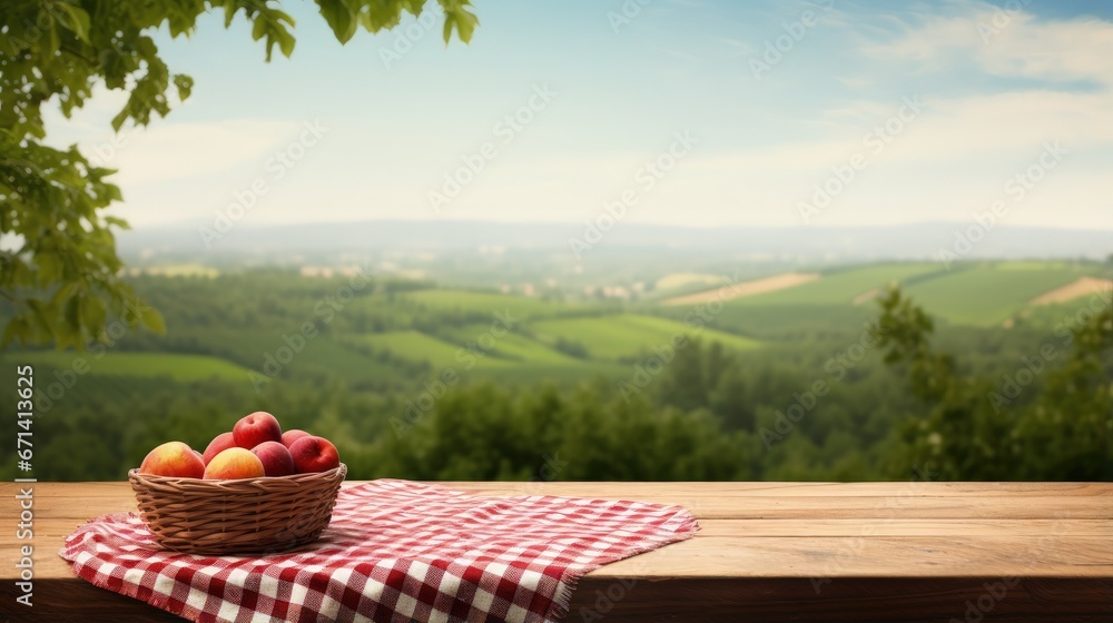 Empty picnic basket and tablecloth on wooden table over landscape background. Shavuot holiday mock up for design. Empty picnic basket and tablecloth on wooden table over landscape background. Shavuot holiday mock up for design.