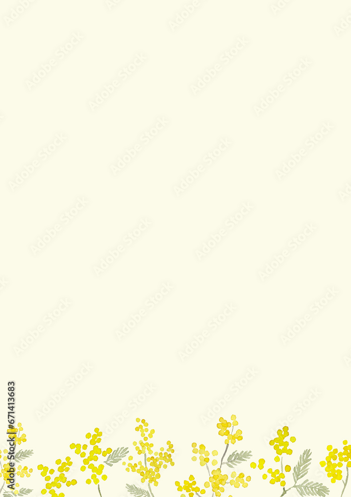 水彩で描いた可愛いミモザフレーム　黄色背景