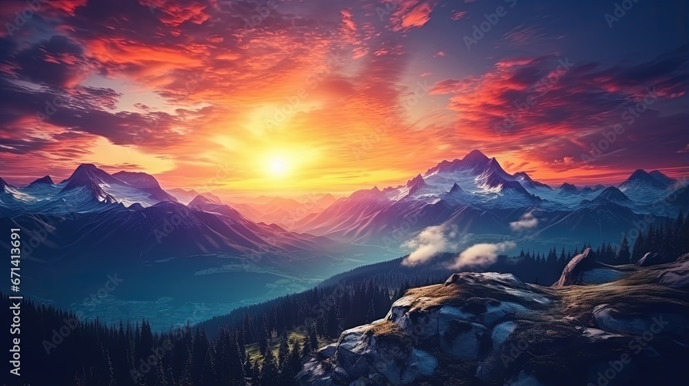 Obraz premium Amazing mountain landscape with colorful vivid sunrise on the dramatic sky, natural outdoor travel background. Beauty world.