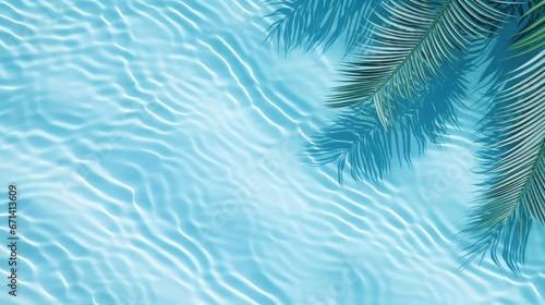 Aqua waves and coconut palm shadow on blue background. Water pool texture top view.Tropical summer mockup design. Luxury travel holiday. 3d render