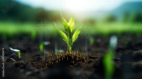 Maize seedling in cultivated agricultural field with graphic concepts modern agricultural technology, digital farm, smart farming innovation, IOT