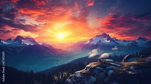 Amazing mountain landscape with colorful vivid sunrise on the dramatic sky, natural outdoor travel background. Beauty world.