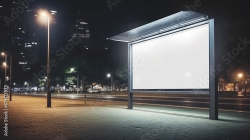 Modern Empty space advertisement board, blank white signboard in city in night, Bus stand empty billboard in night, Marketing banner ad space in city, Advertisement billboard on bus stand in city