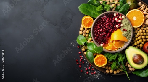 Vegan, detox Buddha bowl with turmeric roasted chickpeas, greens, avocado, persimmon, blood orange, nuts and pomegranate. Top view, flat lay, copy space