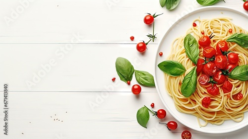 Pasta (spaghetti, bucatini) with baked cherry tomatoes, spinach leaves and feta pieces in white ceramic plate. Top view food. White wooden background. Healthy food, traditional italian cuisine.