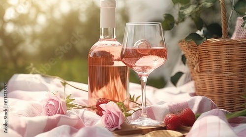 Glasses of delicious rose wine, food and basket on white picnic blanket, space for text