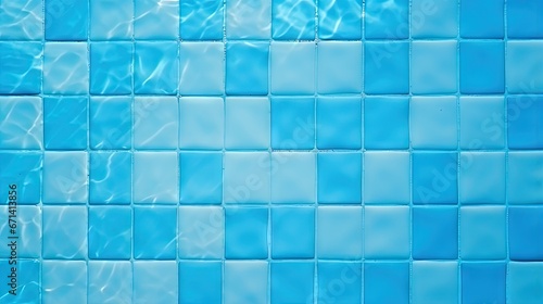 Swimming pool top view close-up. Pool water surface background with copy space. Texture of square mosaic blue tiles in a spa wellness center. Drain grids for water in the pool.