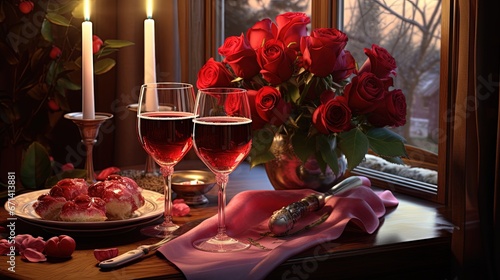 Romantic Celebration Of Valentine's Day, With Wine And Roses