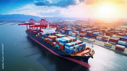 Container ship in import export and business logistic, By crane,Trade Port, Shipping cargo to harbor, Aerial view from drone, International transportation, Business logistics concept