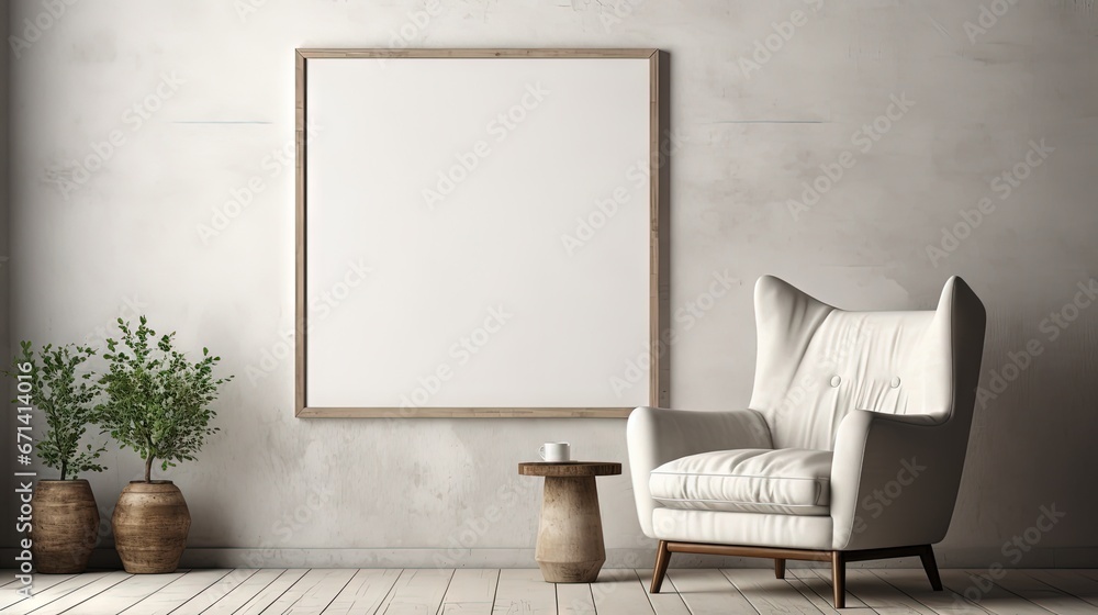 Obraz na płótnie Canvas mockup in minimalist interior background with armchair and rustic decor, 3d render w salonie