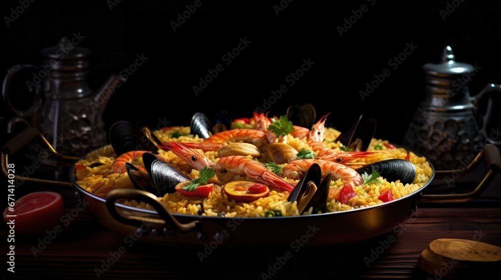 Traditional spanish seafood paella in the fry pan on a black wooden table. Traditional spanish seafood paella in the fry pan on a black wooden table.