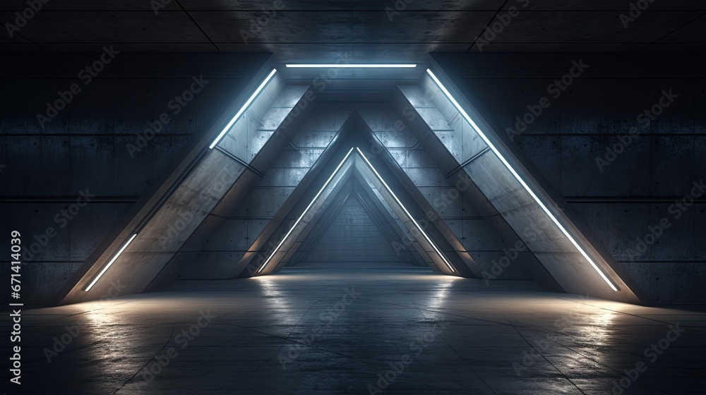 Obraz premium Future Triangle Concrete Block Asphalt Side Window Glowing Dark Realistic Corridor Hall Tunnel Garage Underground Track Empty Sci Fi Futuristic 3D Rendering Illustration