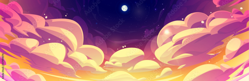 Cartoon skyscape during sunset or sunrise with fluffy anime style clouds. Vector air panoramic background of deep purple and yellow gradient colored cloudy heaven with moon and curve shaped haze.