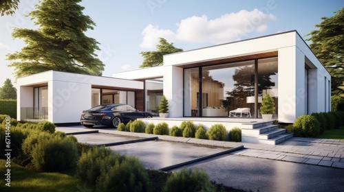 3d rendering of white luxury house with garage and garden, Modern architecture design. © HN Works